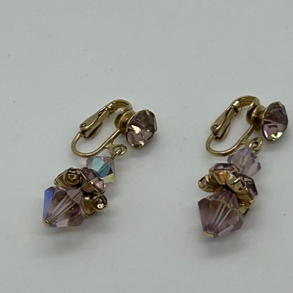 Vintage Aurora Borealis Dangle Earrings Crystal Pink Iridescent Faceted Goldtone - Picture 13 of 15